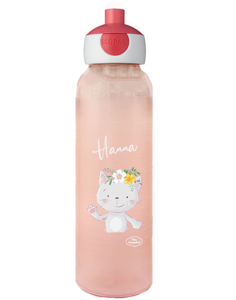Wasserflasche Mepal Campus Frosted Edition in Rose mit Name und Motiv Katze mit Blumenkranz