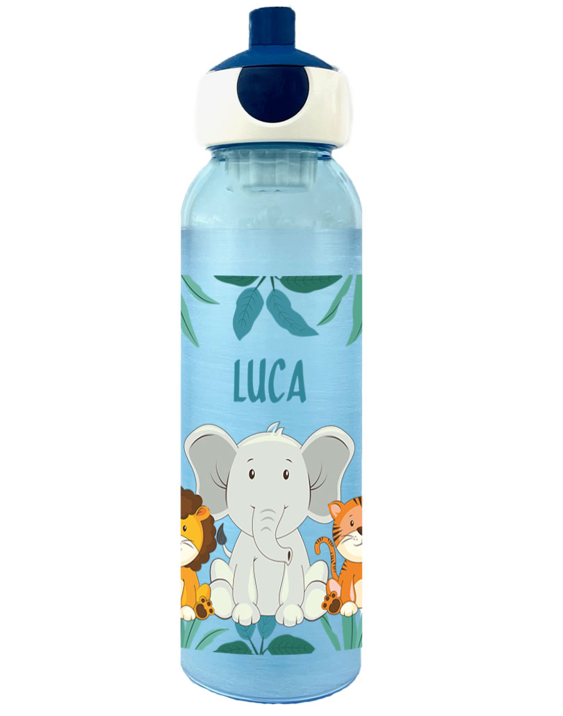 Wasserflasche Mepal Campus Frosted Edition mit Name in Blau und LÃ¶we Elefant und Tiger