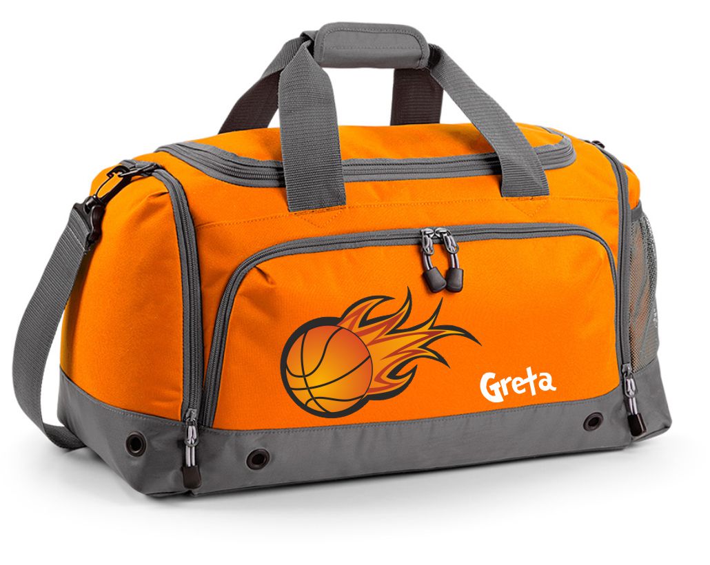 Multi-Sporttasche 41L mit Schuhfach und Feuchtfach in Orange mit Name und Basketball