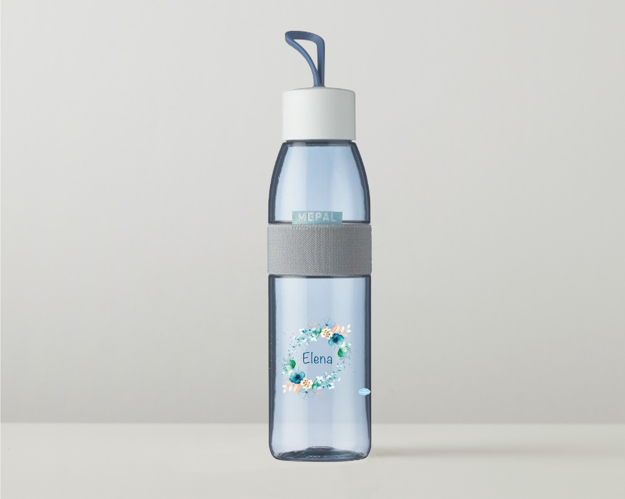 Bento Brotdose Take A Break midi - Trinkflasche Ellipse in Nordic Blue mit Name und Blütenkranz
