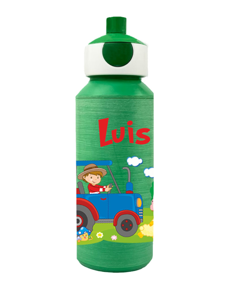 Trinkflasche Mepal Campus Pop-Up Frosted  Edition in Grün mit Name und Motiv Traktor Bauernhof