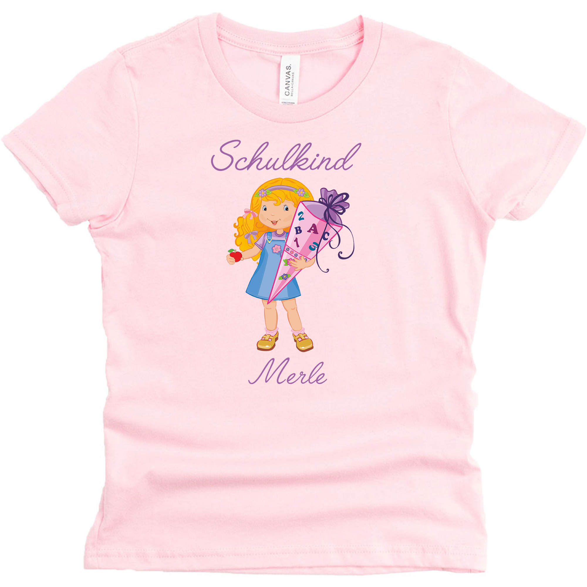 Schulanfangsshirt in rosa mit Name und Motiv Mädchen blond
