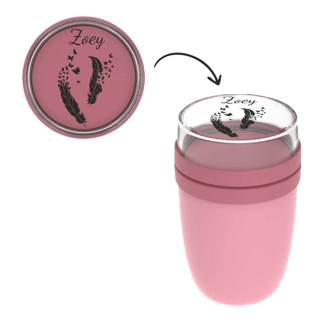 Thermo Insulated Lunchpot Ellipse Müslibecher in Nordic Pink mit Name und Federn