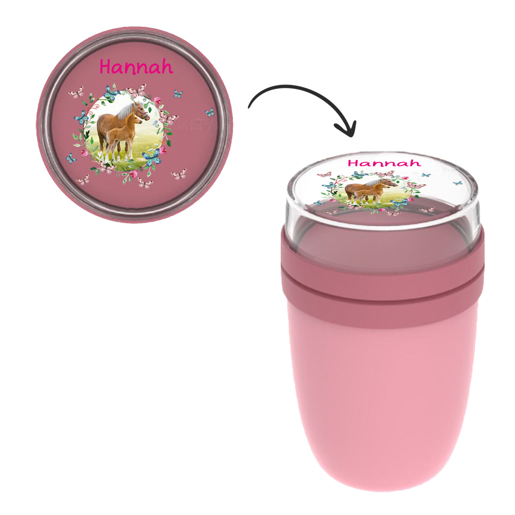 Thermo Insulated Lunchpot Ellipse Müslibecher in Nordic Pink mit Name und Pferdewiese Schmetterlinge