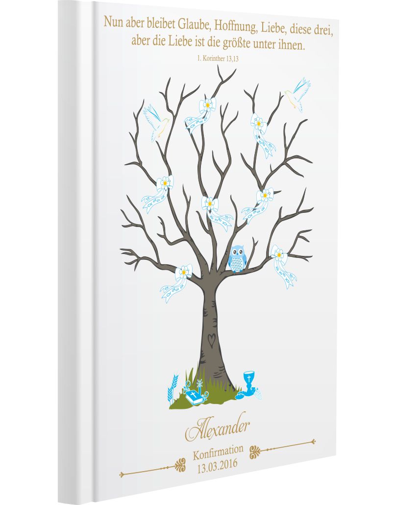 Personalisiertes Gästebuch zur Konfirmation Kommunion blau Eule