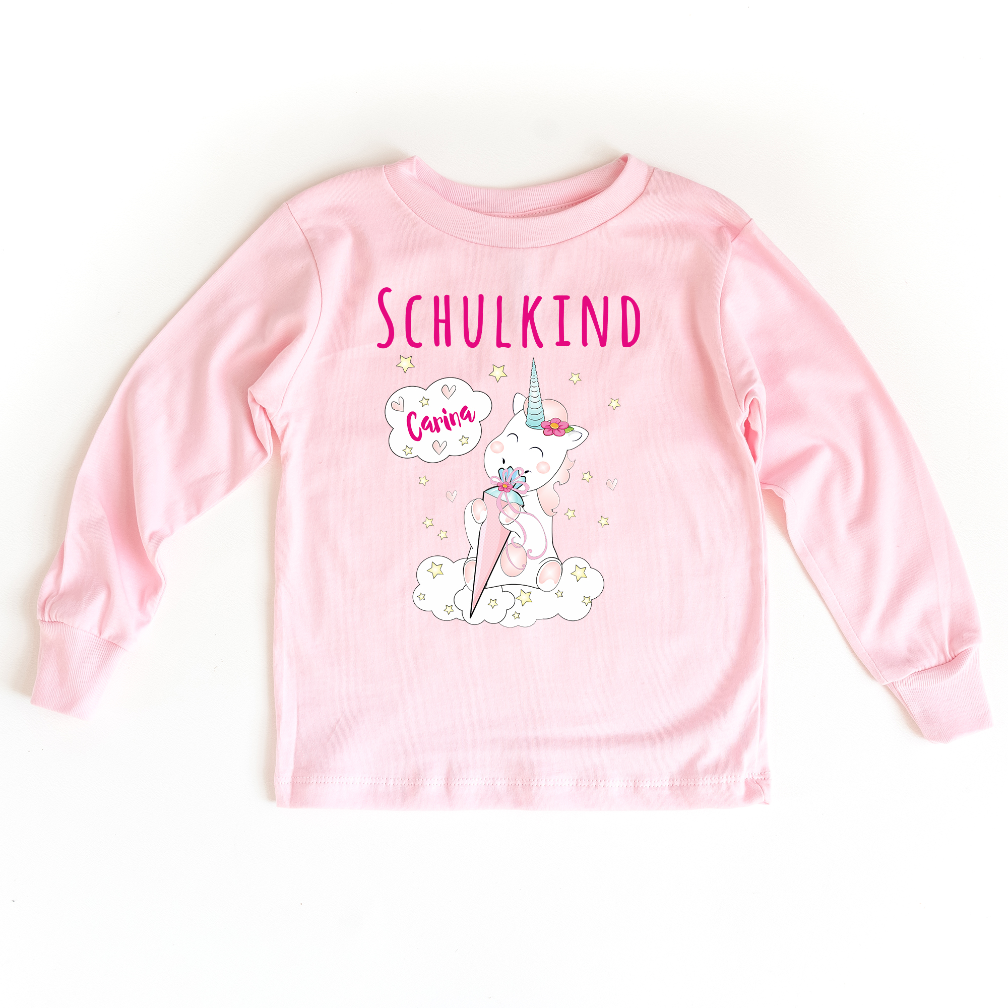 Sweatshirt zum Schulanfang in rosa mit Name und Motiv Einhorn Cutie Schultüte