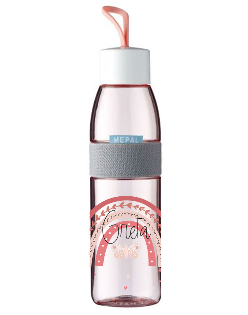Trinkflasche Ellipse für kohlensäurehaltige Getränke Nordic Pink mit Name Regenbogen Schmetterlinge