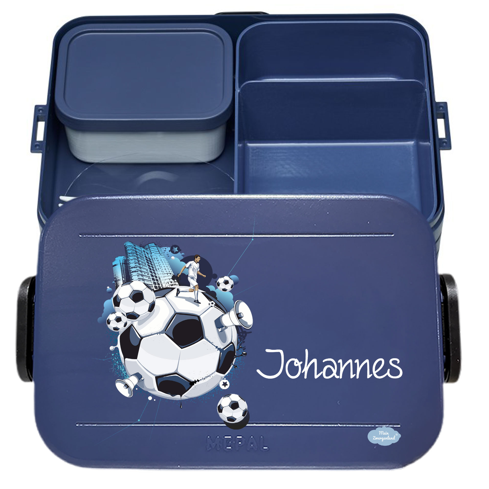 Lunchbox Take a Break Large 1,5L in Nordic Denim mit Namen und Motiv Fußball Soccer City