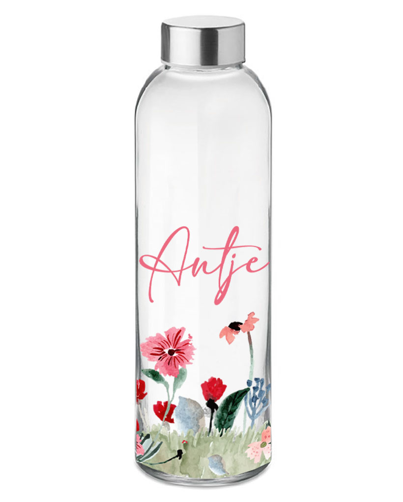 Glasflasche 500 ml mit Name personalisiert Motiv Blumenwiese