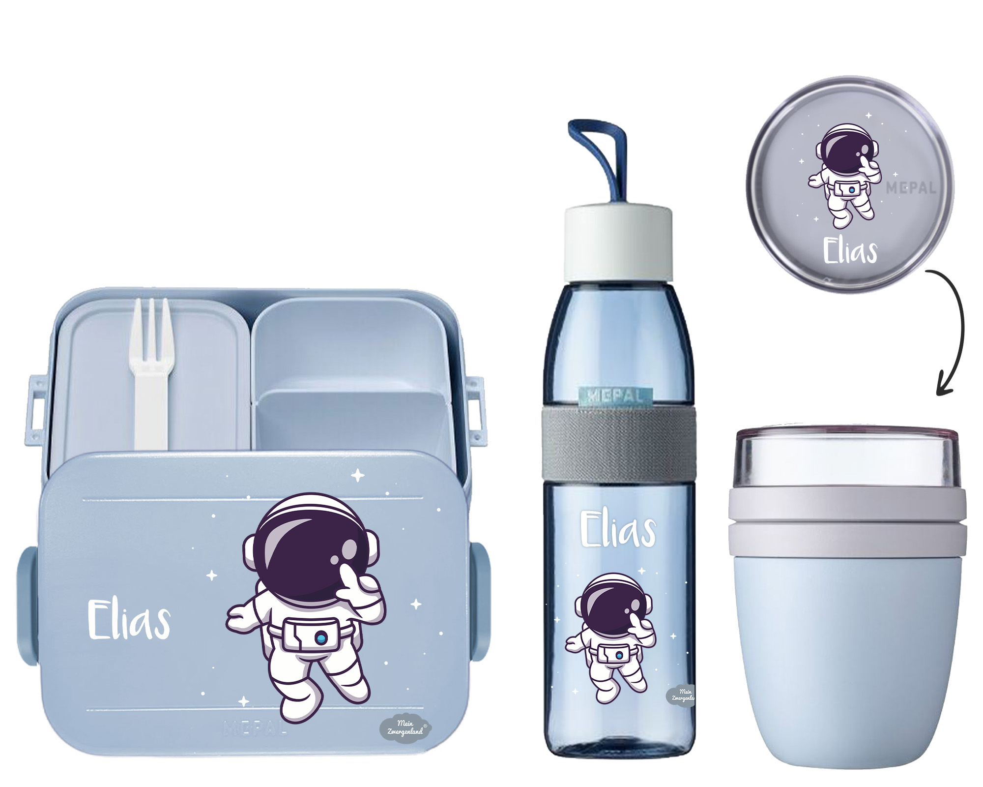 Bento Brotdose Take A Break midi - Trinkflasche Ellipse - Lunchpot in Nordic Blue mit Name Astronaut mit Sterne