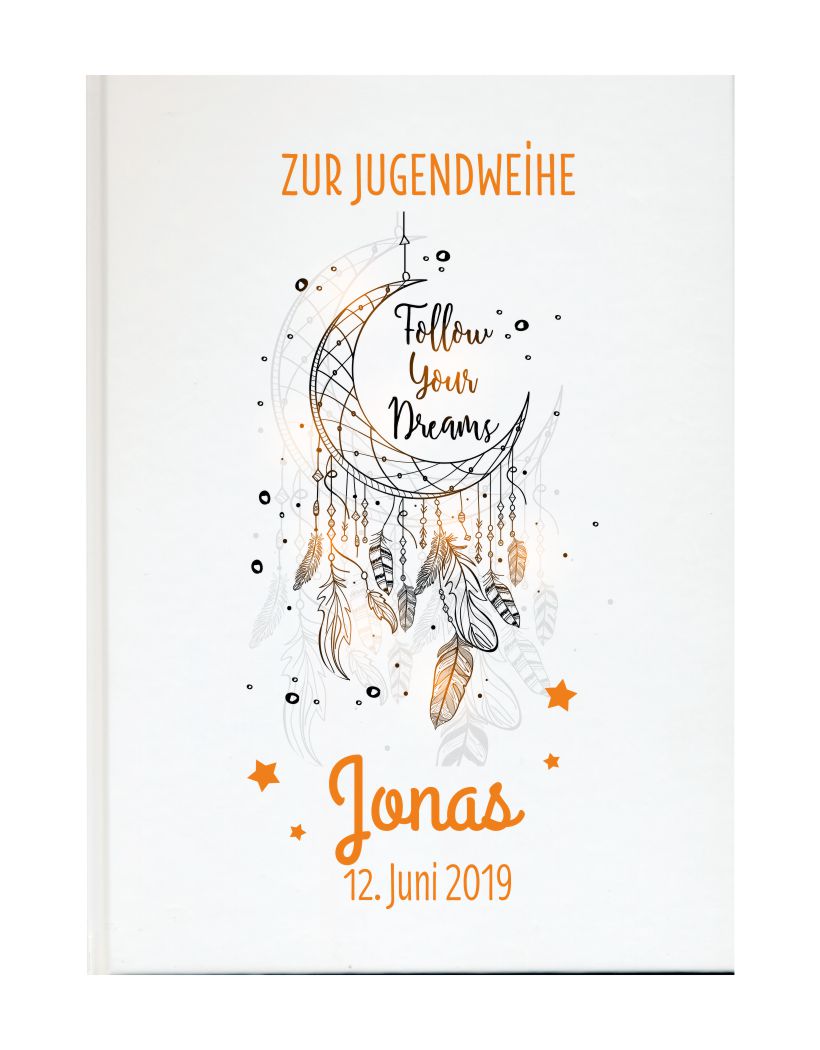 Personalisiertes Gästebuch zur Jugendweihe mit Namen und Datum Traumfänger orange