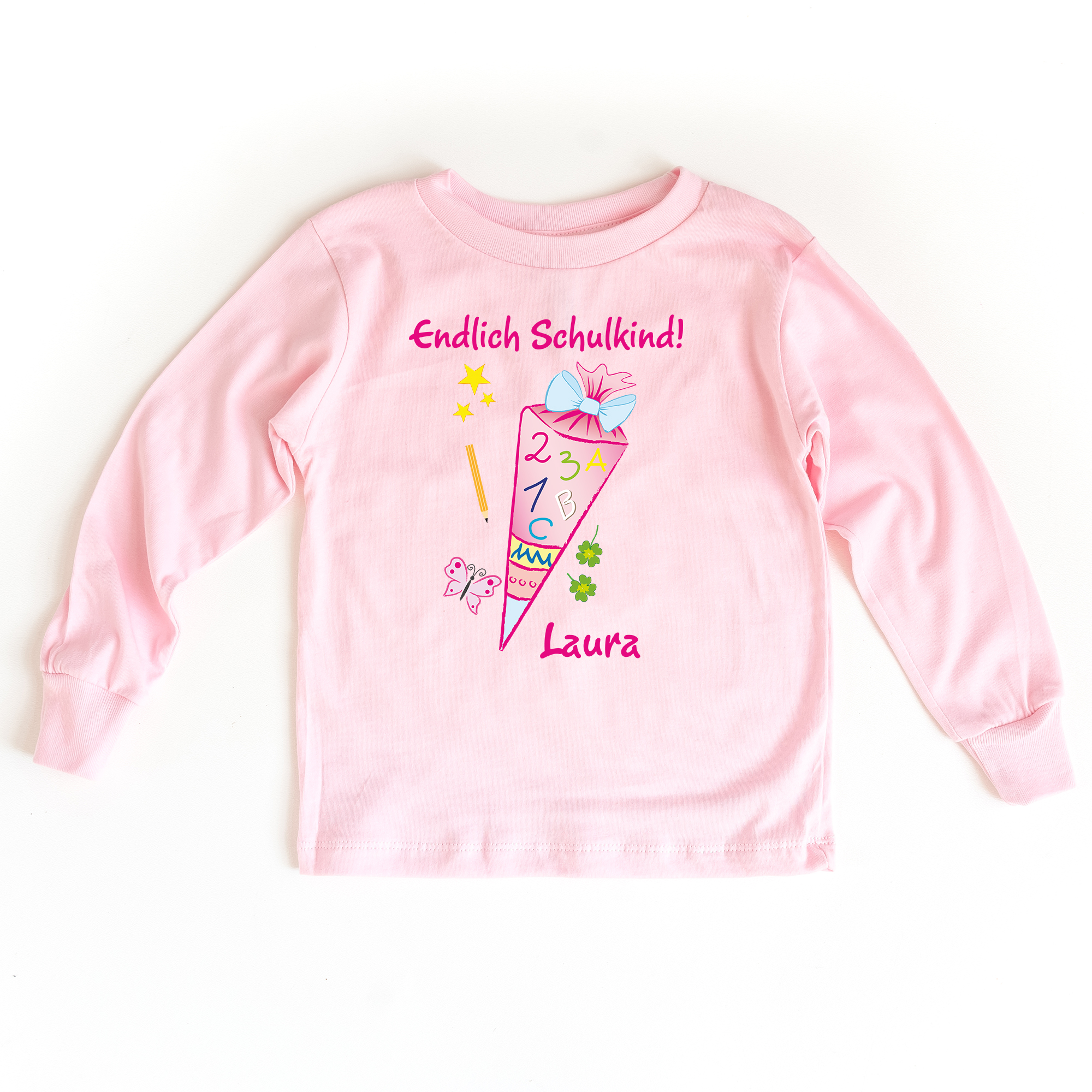 Sweatshirt zum Schulanfang in rosa mit Name und Motiv Schultüte