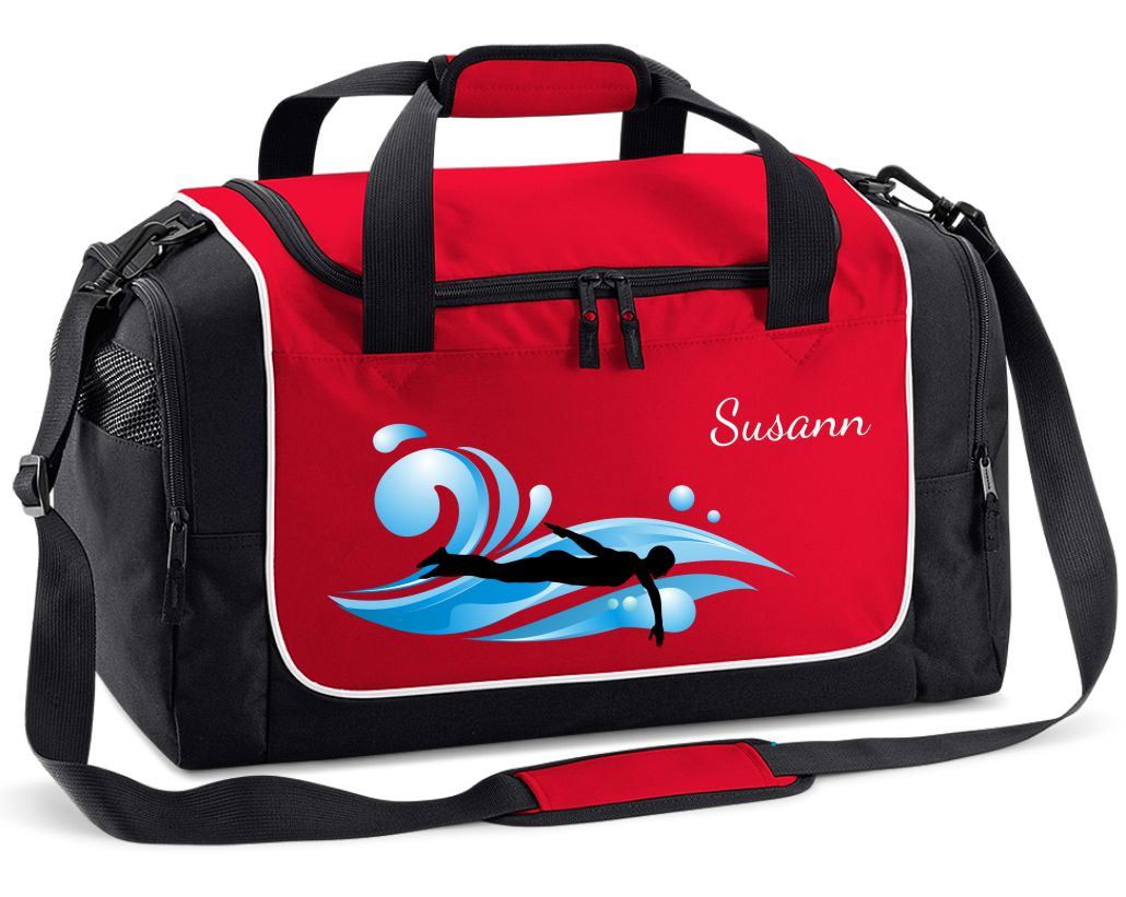 Sporttasche 38L in Rot mit Name und Schwimmen