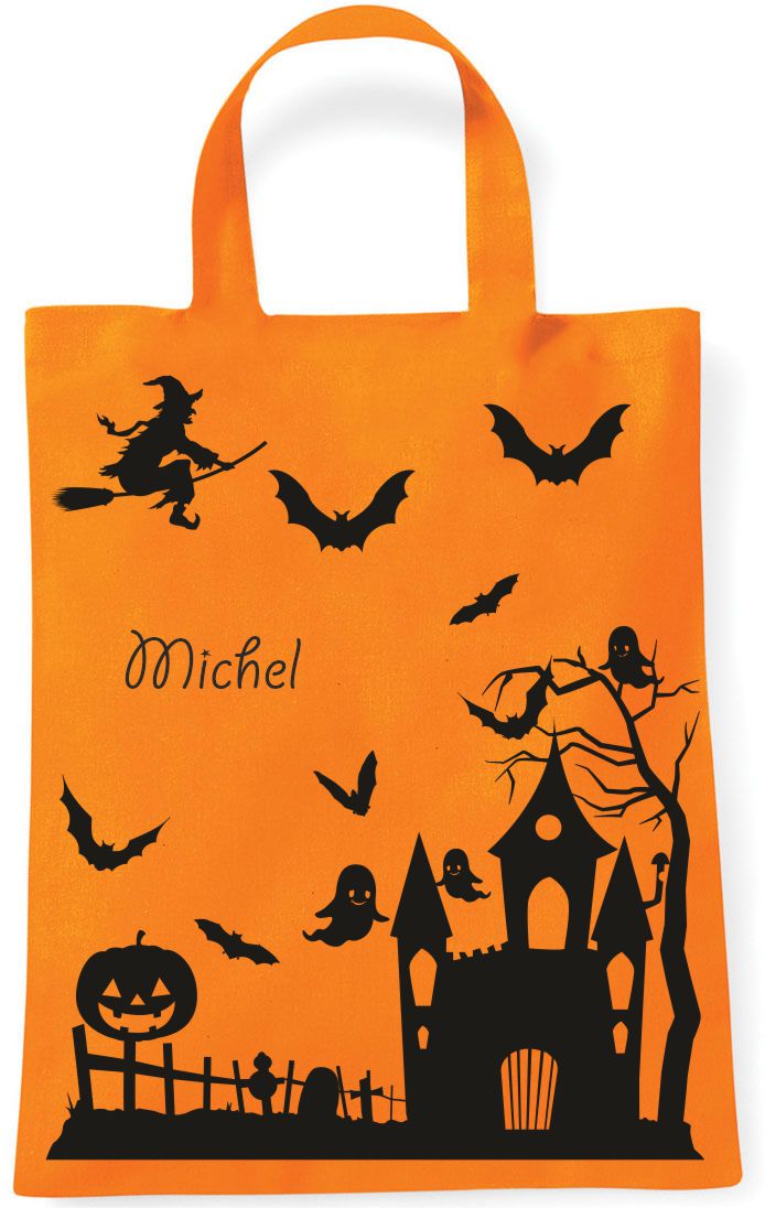 Sammeltasche Stofftasche mit eigenen Namen mini orange Halloween Geisterschloss