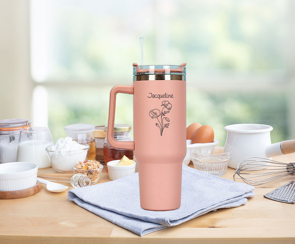 Personalisierter Edelstahl Thermobecher in Rosa mit Strohhalm 1 Liter mit Geburtsblume