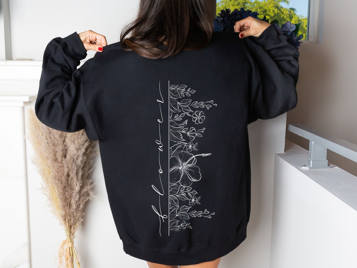 Personalisiertes Sweatshirt Shirt Pullover Unisex Sweater Fineline Tattoo Flower mit Blumen