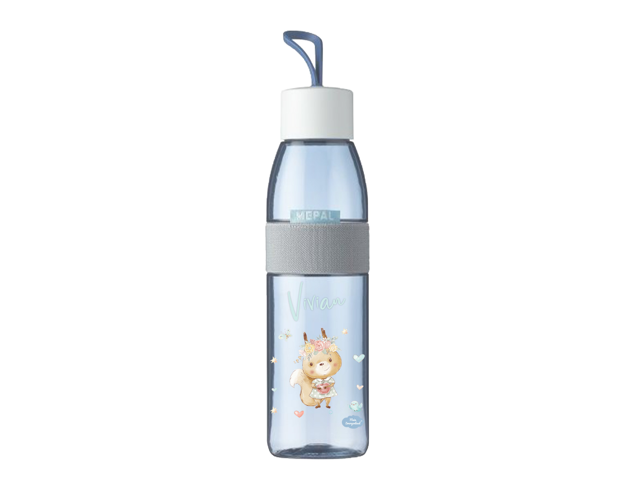 Trinkflasche Ellipse für kohlensäurehaltige Getränke in Nordic Denim mit Name und Motiv Eichhörnchen mit Blumenkranz