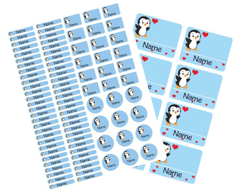 Schulstarter - Set Stickerbogen mit Namensaufkleber und Heftaufkleber Pinguin