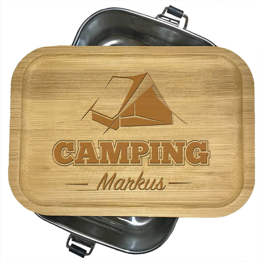 Brotdose aus Edelstahl mit Bambusdeckel mit Name und Motiv Camping
