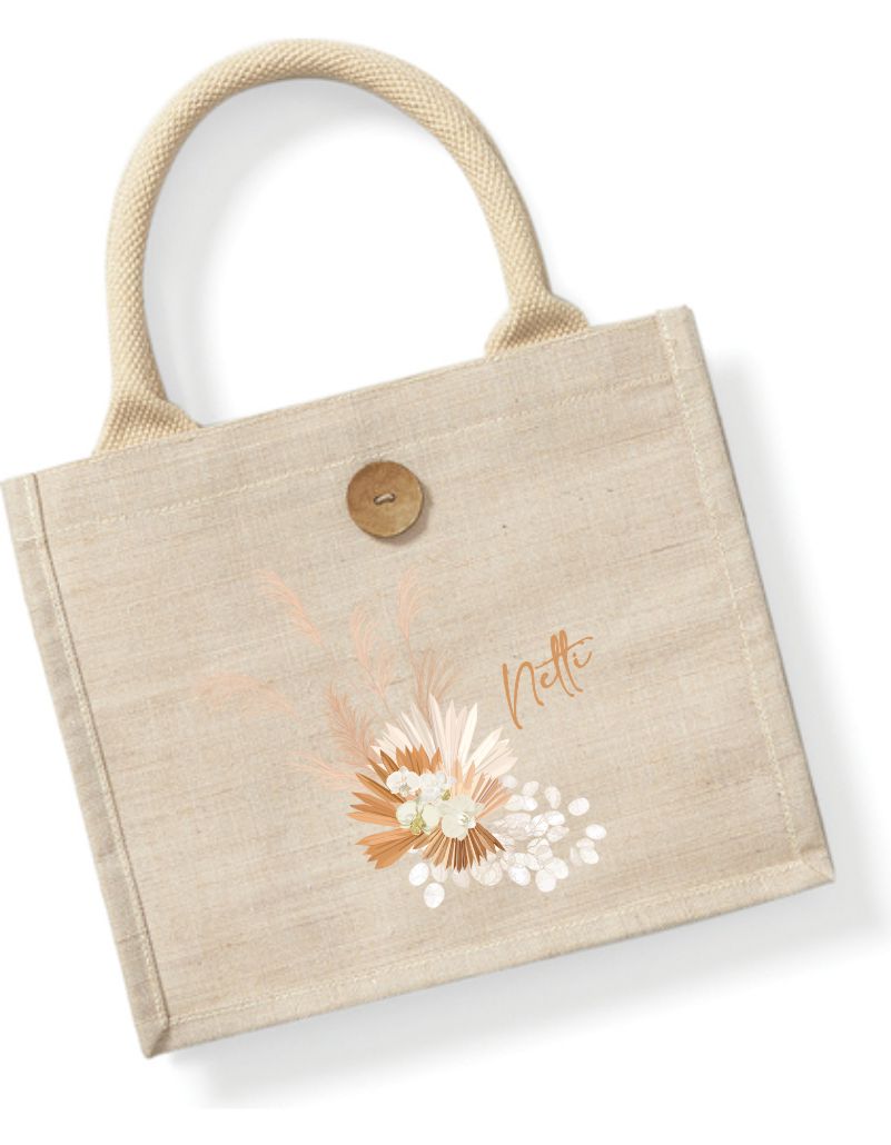 Kleine Jute Shopper Tasche mit Name und Motiv Trockenblumen