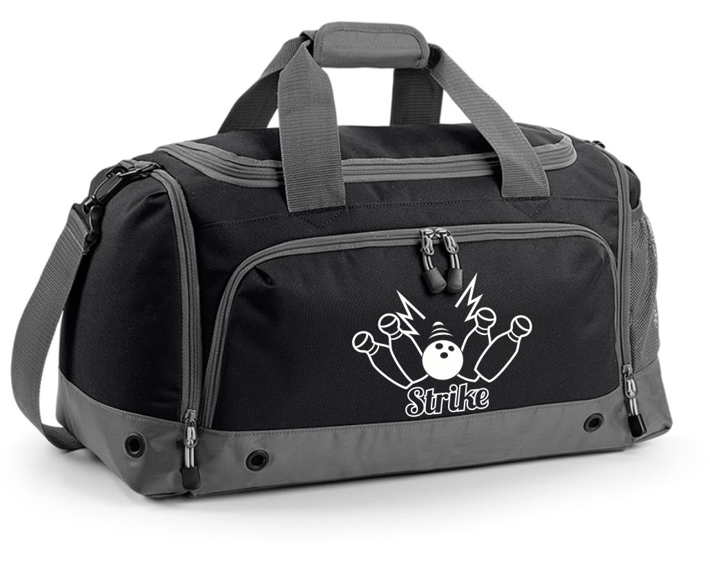 Multi-Sporttasche 41L mit Schuhfach und Feuchtfach in Schwarz mit Name und Kegel Bowling Strike