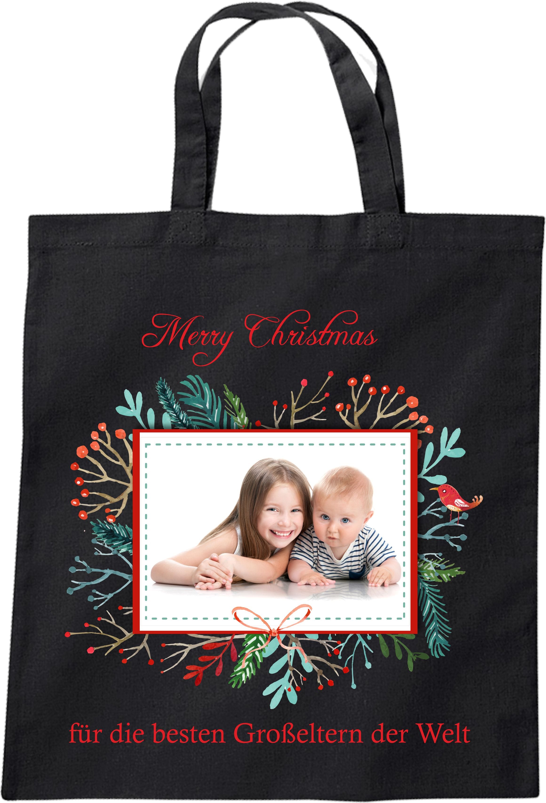 Stofftasche zu Weihnachten Geschenktasche mit Foto und Namen schwarz Kranz