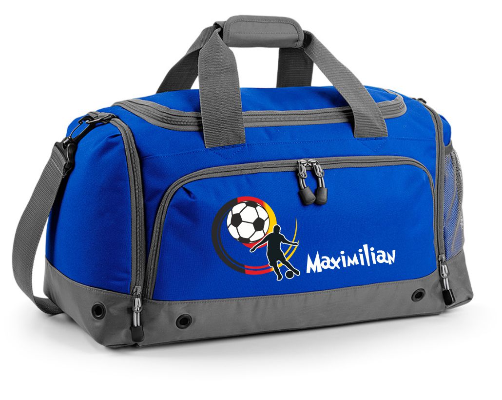 Multi-Sporttasche 41L mit Schuhfach und Feuchtfach in Royal Blau mit Name und Fußball Deutschland